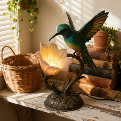 Hummingbird Table Lamp - Vintage Style Resin Bird & Glowing Flower Accent Light