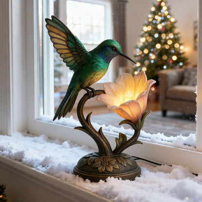 Hummingbird Table Lamp - Vintage Style Resin Bird & Glowing Flower Accent Light