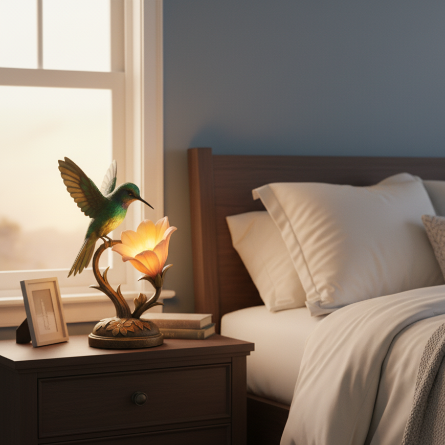 Hummingbird Table Lamp - Vintage Style Resin Bird & Glowing Flower Accent Light