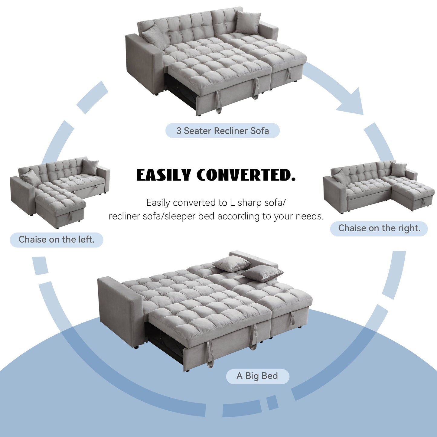 LUXURY PILLOW TOP VELVET SECTIONAL SOFA SLEEPER | REVERSIBLE CHAISE, PULL-OUT BED & STORAGE